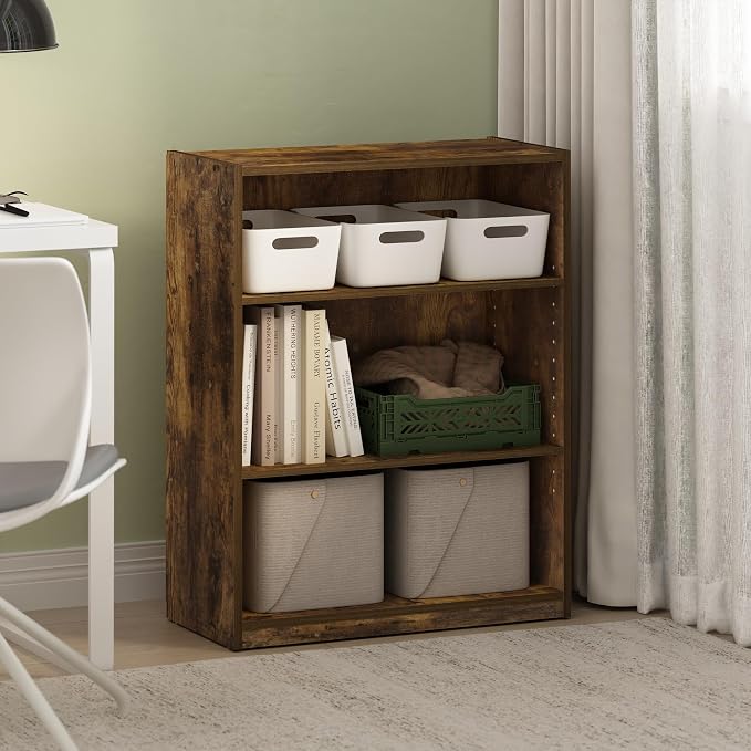 Furinno GEHRY Book Shelf, 3-Tier Small Bookshelf, Bookcase with Adjustable Shelves, 11.6 x 24.8 x 31.6, for Organization and Storage, for Living Room, Bedroom, Home Office, Amber Pine