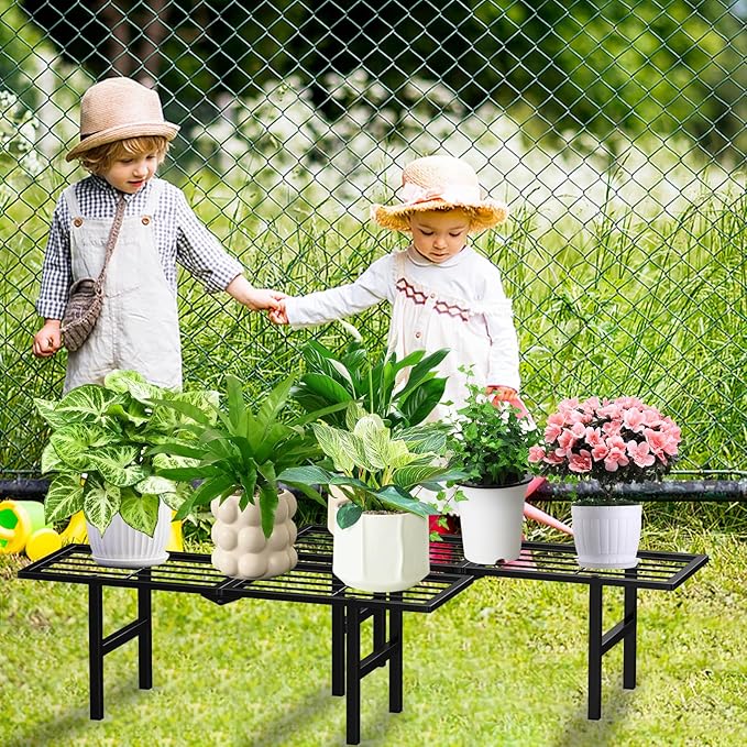2 Pack 1 Tier Plant Stand Indoor Outdoor- Foldable Metal Plant Shelf, 8.7" Narrow Space-Saving Design for Multiple Plants, Modern Flower Pot Holder Display for Garden Patio Balcony, Black