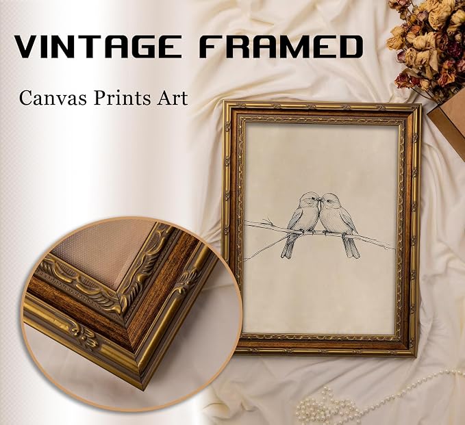 Vintage Gold Framed Bird Canvas Wall Art Two Birds Sketch Wall Decor Vintage Farmhouse Sketch Animals Artwork Retro Birds Painting Retro Rustic Print for Farmhouse Bedroom Living Room 16X24in
