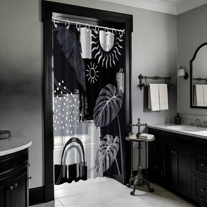 Small Stall Narrow Shower Curtain Black and Gray Stand Up Dark Black and Grey Abstract Shower Curtains for Rv Camper Bathroom Decor Sets, Waterproof Cloth Fabric with Hooks, 36 x 72 Inch