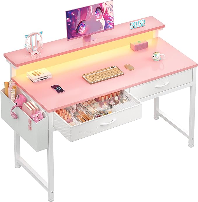 DurayLoly 39.4Inch Office Computer Desk with LED Lights & 2 Fabric Drawers, Gaming Desk with Side Pocket & Ergonomic Monitor Stand, Small Space Study Writing Table with Anti-Tip Design,Pink