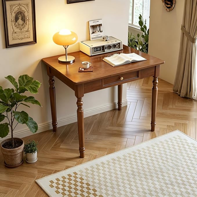 Solid Wooden Desk with Drawers, Small Writing Desk with Drawers for Computer, PC Desk for Work, Study or Gaming, Easy to Assemble (Walnut, 31.5IN)
