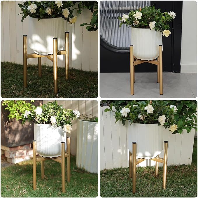 Adjustable Metal Plant Stand Indoor, Fits 8-14 Inch Pots, Mid Century Modern Gold Planter Holder,2 Heights, Heavy Duty 160 lb, Indoor Outdoor Corner Floor Pot Stand, Golden 2 Pack