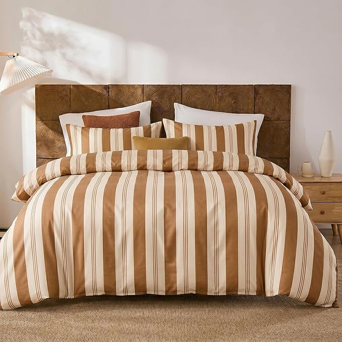 Merryword Khaki Striped Duvet Cover Set Queen Size, 100% Cotton Bedding Set with Zipper Closure & 8 Corner Ties, Awning Stripe Bedding, Soft Breathable Comforter Cover for All Seasons