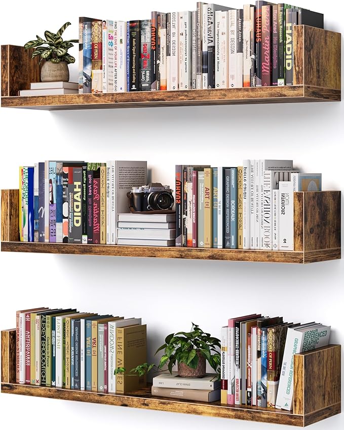 Wall Bookshelf, Set of 3, U Shaped Floating Bookshelf, Hanging Bookshelves for Wall, Wall Mounted Shelves for Living Room Bedroom Office (Rustic Brown, 17 Inches, 3)