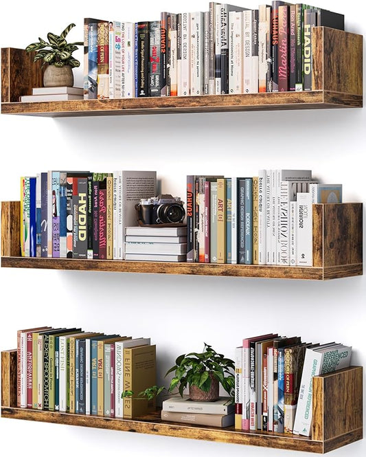 Wall Bookshelf, Set of 3, U Shaped Floating Bookshelf, Hanging Bookshelves for Wall, Wall Mounted Shelves for Living Room Bedroom Office (Rustic Brown, 17 Inches, 3)
