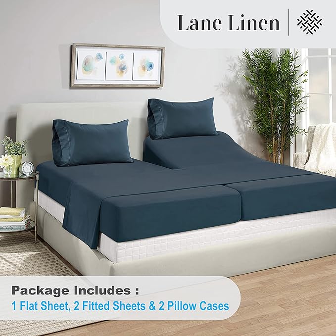 LANE LINEN 100% Egyptian Cotton Split King Sheets for Adjustable Beds - Soft & Comfy Sateen Weave Naturally Cooling Breathable Oeko Tex Certified Bed Sheets - Dark Denim