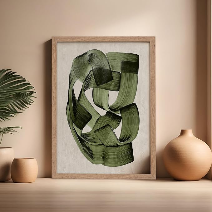 Poster Master Green Abstraction Poster - Brush Strokes Print - Painted Swirl Art - Chic Boho Design - Abstract Illustration - Great Office or Living Room Decor - 16x20 Beige Framed