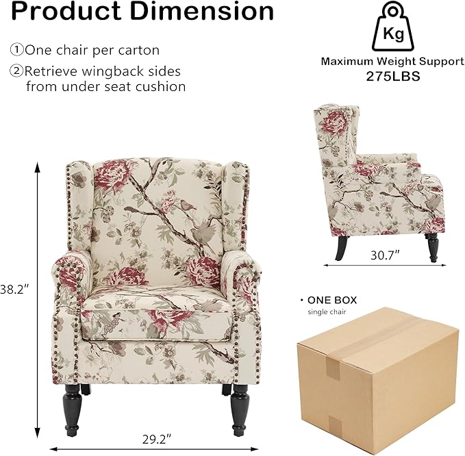 Wingback Chairs Set of 2, High Back Floral Accent Chair in Fabric, Comfy Upholstered Armchair with Nailhead Trim for Living Room, Single Sofa Reading Chair for Small Spaces, Bedroom-Beige