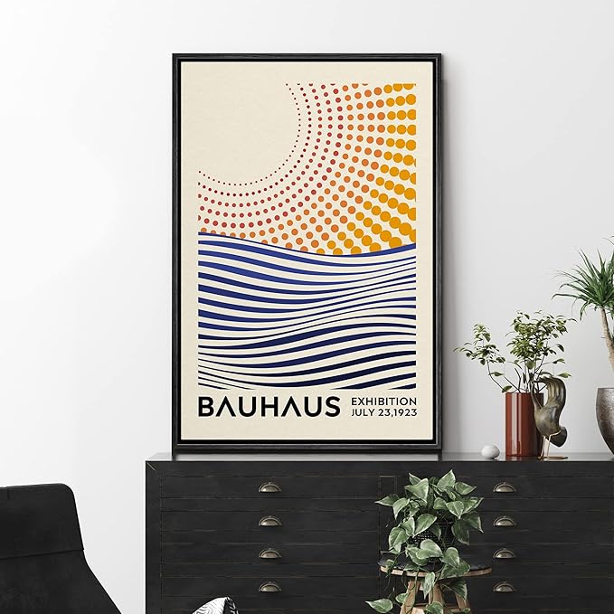 MUDECOR Framed Canvas Print Wall Art Mid-Century Bauhaus Geometric Sun & Ocean Shapes Abstract Illustrations Modern Art Minimal Multicolor Relax/Calm for Living Room, Bedroom, Office - 24"x36" Black