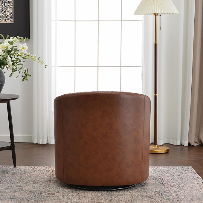 KINWELL 29" Wide Tufted Faux Leather Accent Chair, Small Swivel Barrel Chair, Modern Round PU Leather Upholstered Armchair with Nailhead Trim for Living Room Apartment, Brown