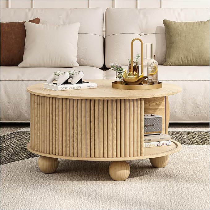 Round Coffee Table with Storage, 31.5" Natural Oak Fluted Drum Center Table, Scandi Japandi Wood Circle Table with Sliding Door & Bun Feet for Living Room