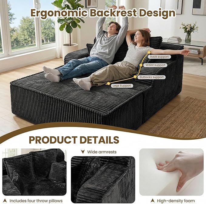 Chaise Lounge Chair Indoor,Boneless Chair with Ottoman,Comfy Reading Chair for Adults,Small Sofa Bed Couch for Living Room,Double Size,Black