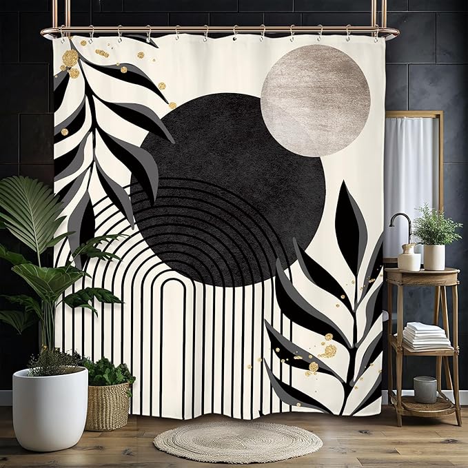 Miyotaa Abstract Minimalist Shower Curtain Set 60Wx71H Inches Modern Aesthetic Dark Gray Black Contemporary Plant Leaves Neutral Geometric Waterproof Bathroom Curtain with 12 Hooks