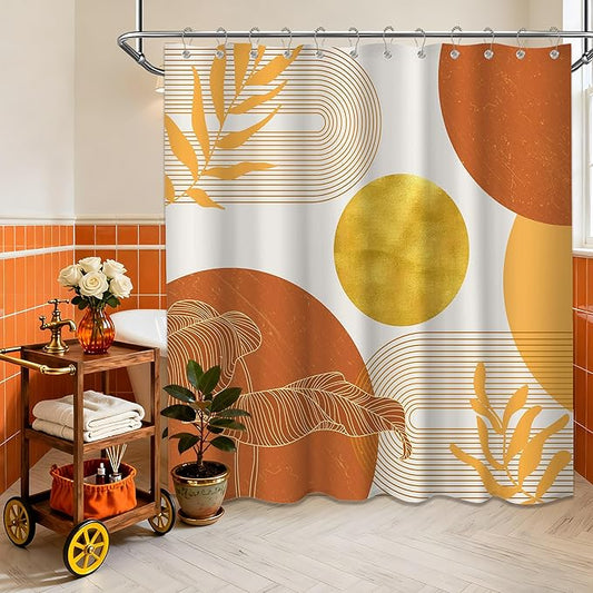 Orange and Gold Shower Curtain Burnt Orange White Shower Curtains for Bathroom Decor Boho Mid Century Bath Curtain Set, Waterproof Fabric with Hooks 70 x 84Inch