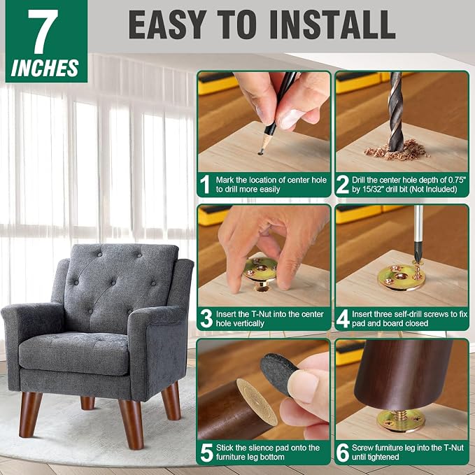 FoDau770 Brown Rubber Wood Furniture Legs 7 Inches, 5/16" UNC Slant Tapered Wood Feet Mid Century Sofa Legs, Wooden Furniture Feet Replacement Parts for Cabinet Couch Dresser Chair Ottoman Table