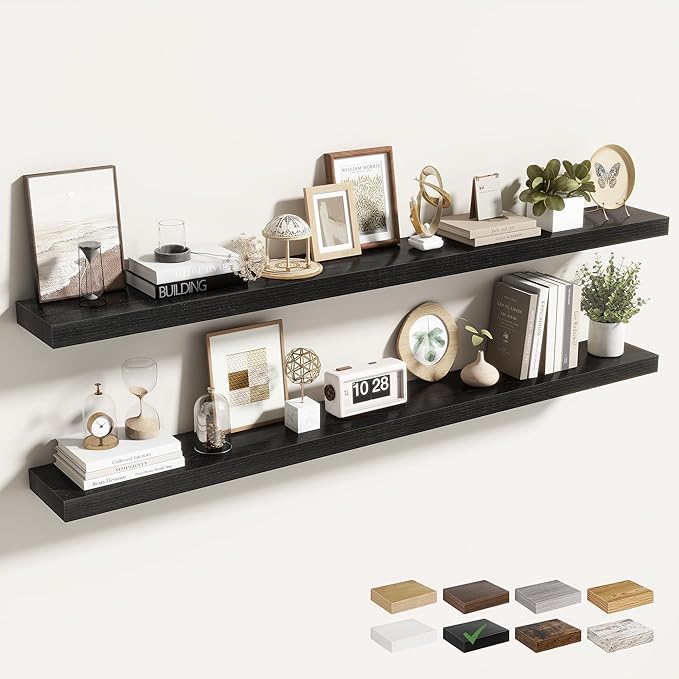 55 Inch Floating Shelves for Wall 2 Pack, 55" Wall Shelves for Books, Storage, Decor, Wall Mounted Floating Shelf with Invisible Brackets for Kitchen, Living Room, Black