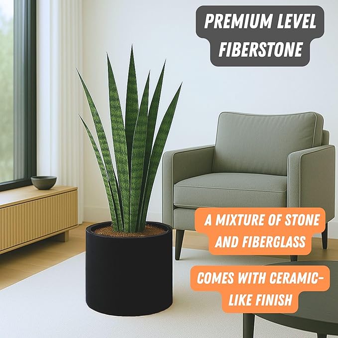 Fox & Fern Large Indoor Planter, Modern Large Plant Pot for Indoor or Outdoor, UV and Frost Resistant - 14.6 Inch, Fiberstone, Matte Black Flower Pot with Drainage Plug, Lightweight