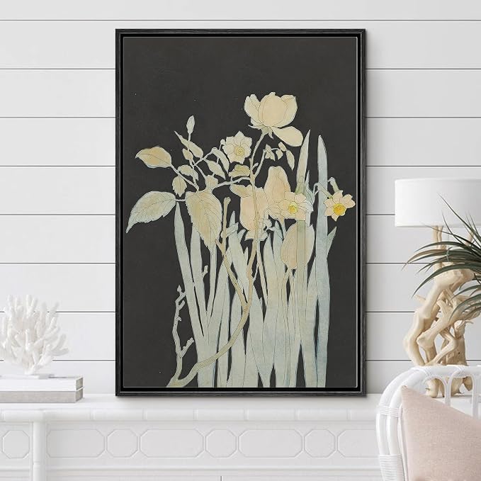 Woodrose Framed Canvas Print Wall Art Minimalist Floral Silhouettes Elegant Botanical Line Illustrations Modern Art Minimalist 3D Colorful Ultra for Living Room, Bedroom, Office - 24"x36" BLACK