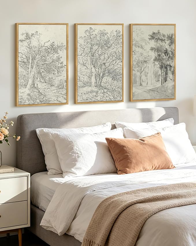 KUVIOKE Vintage Tree Framed Wall Art Retro Antique Forest Drawings Nature Wilderness Sketch Wall Painting Modern Landscape Decor 16x24in (Natural Framed)