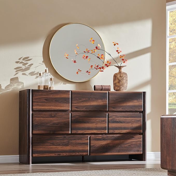 Modern 8 Drawers Dresser for Bedroom, 55" Wide Dresser w/Large Storage & Rounded Corner, Wood Handleless Chests of Drawers w/Natural Texture for Bedroom, Hallway, Living Room-Brown