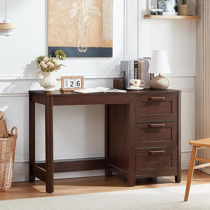 48'' Farmhouse Executive Desk with Storage, Wooden Home Office Desk with Drawer and Vintage Handle, Large Computer Writing Desk for Study, Bedroom, Living Room （Dark Walnut）