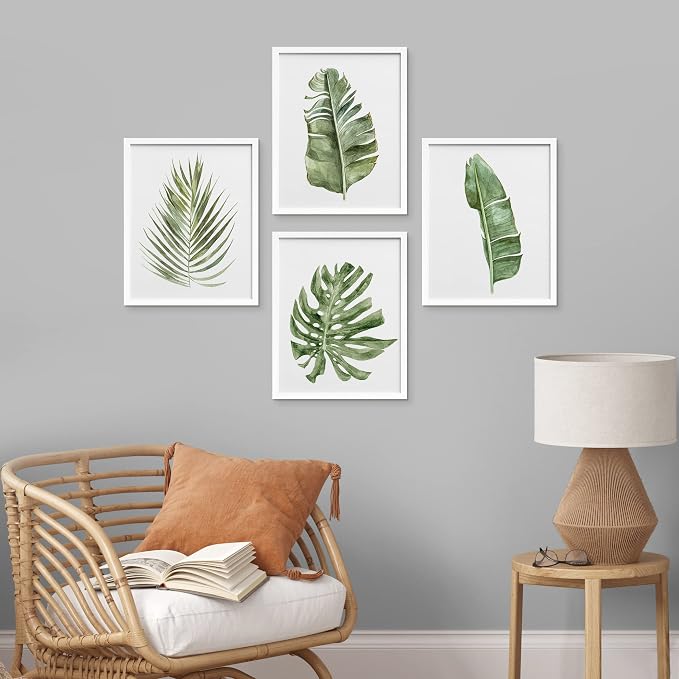 SIGNWIN Framed Banana Palm Monstera Leaf Wall Art, Set of 4 Green Pastel Wall Decor Prints, Nature Wilderness Wall Décor for Living Room, Bedroom - 8"x10" White