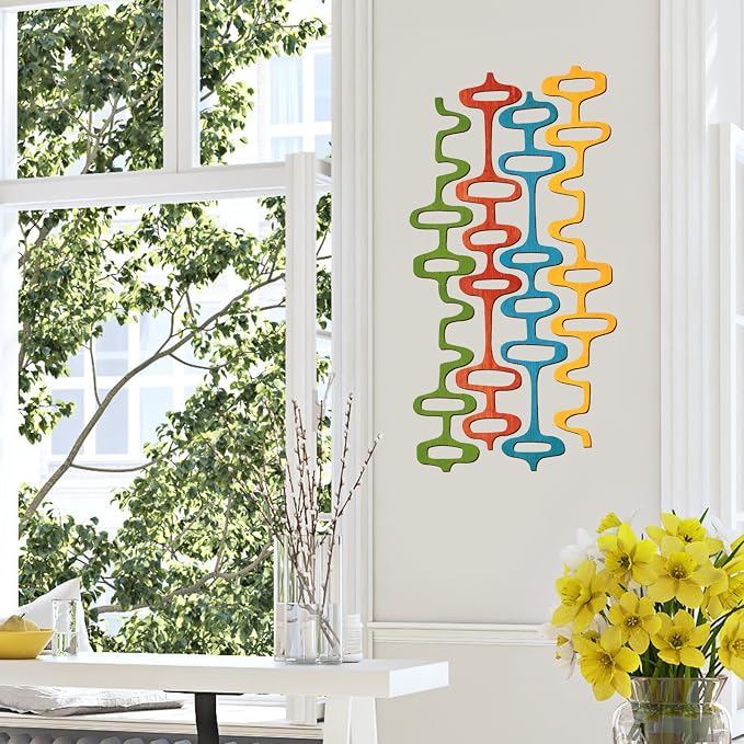 Wenqik 8 Pack Mid Century Modern Wall Decor Wood Midcentury Vintage Retro 3D Large Art Wall Sculpture Elegance Abstract Geometric Panels for Interior Living Room Home Office Bedroom(Medieval Colors)