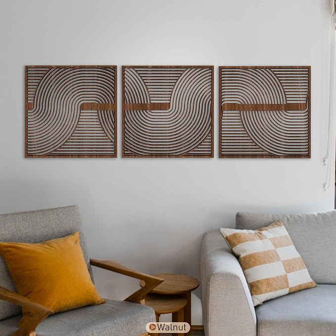 3 Piece Wood Wall Art featuring Boho Curve Lines, Abstract Geometric Statement Wooden Wall Panels, Mid Century Modern New House Gift for Living Room and Bedroom