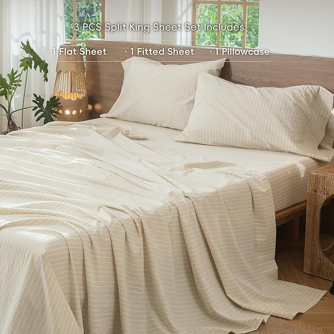 MooMee Striped Sheet Set 100% Washed Cotton Linen Like Textured Breathable Durable Soft Comfy (Almond Milk Grey White Wide Stripes, King)