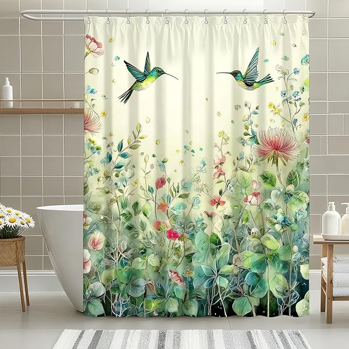 Green Leaf Flowers Shower Curtain Hummingbird Shower Curtains for Bathroom Waterproof Fabric Bath Curtain Decor with Hooks