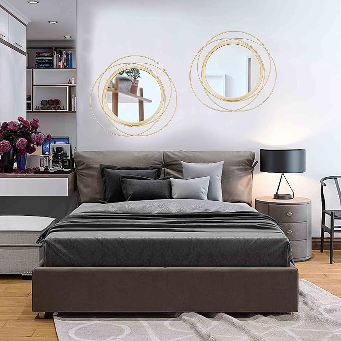 2 Set Circle Mirrors for Wall Decor for Living Room Bedroom Bathroom Entryway Metal Round Mirror Decorative Hanging Mirrors Sun Bohemian Geometric Accent Sculpture -Gold 15.7 in