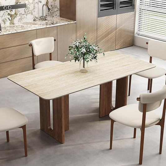 Travertine Dining Table for 4-6, Modern Kitchen Table, Easy Assembly Rectangular Dining Room Table with Solid Wood Legs in Walnut Finish (63-Inch, Table Only)