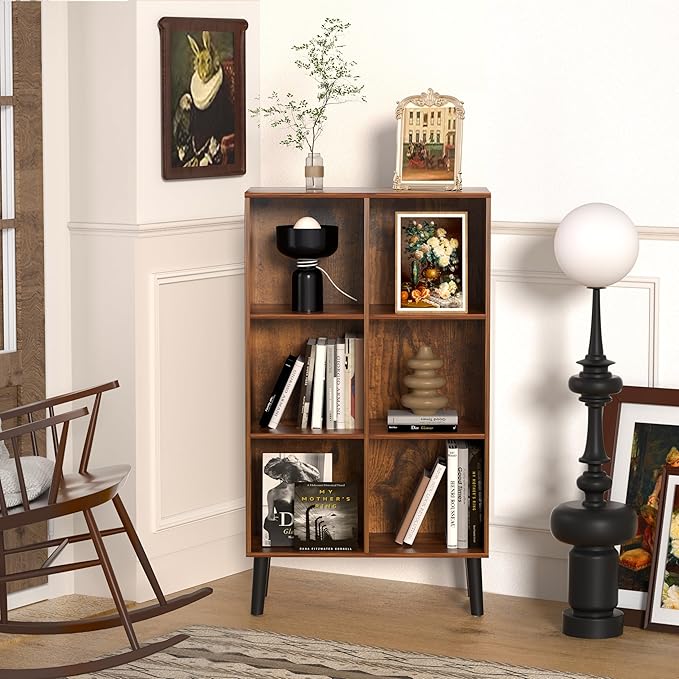 6 Cube Storage Organizer with Legs, 3 Tier Cube Low Bookcase Freestanding Storage Display Organizer for Home Office, Six-Cubes Open Shelf Bookshelf (Retro Brown, 6 Cube Vertical)