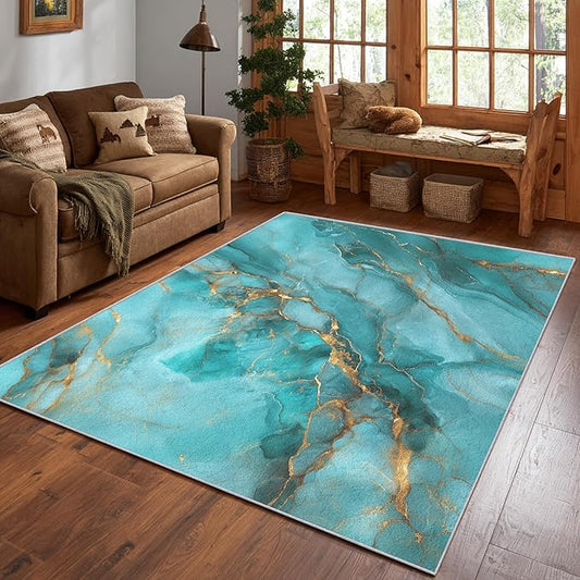 Turquoise Marble Abstract Area Rug, Blue Gold Pattern Carpet, Washable Non Slip Low Pile Soft Thin, Living Room Bedroom Home Decor Mat 4x5ft