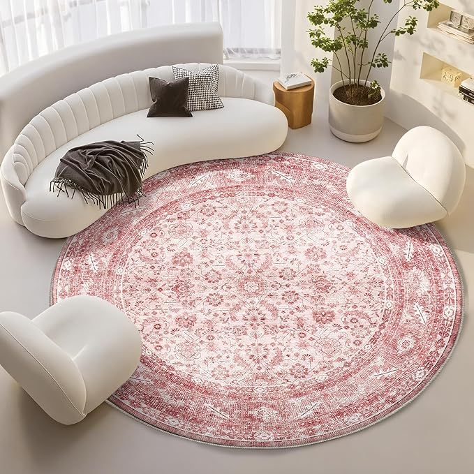 OPPODREAM Vintage Pink Round Rug 8ft, 8 ft Retro Washable Circle Rug Non Slip, Low-Pile Faux Wool Circular Carpet, Distressed Floor Mat for Living Room, Bedroom, Office, Dorm, Dinning Room
