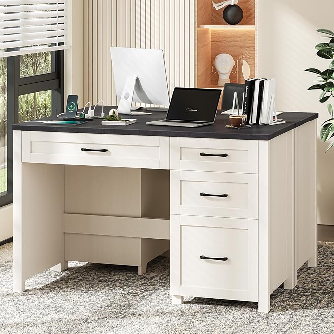 Vabches Farmhouse 47" Executive Desk, Computer Desk with File Drawer and Charging Station, Workstation for Home Office, Study,(Black).