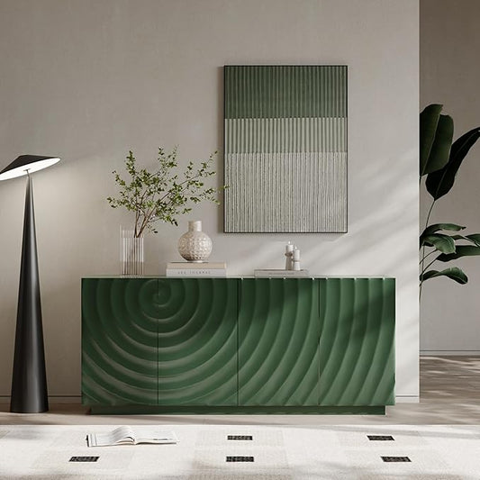 Wave Pattern Sideboard Buffet Cabinet - Modern Luxury Multifunctional Storage Cabinet with 3D Textured Doors, Display Cabinet for Dining Room Living Room Entryway (Green)