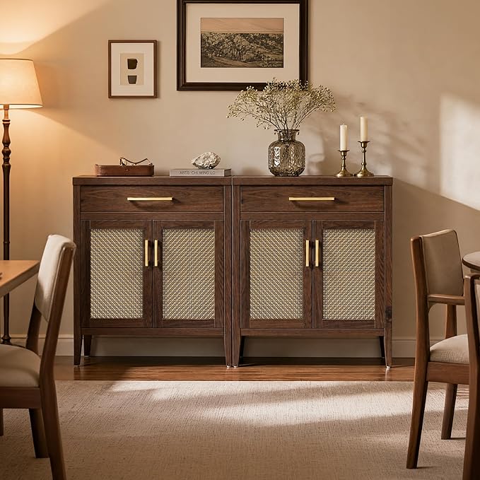 SICOTAS 60" Farmhouse Buffet Cabinet with Metal Mesh Doors, Modern Sideboard Credenza with Drawers, Elegant Coffee Bar Console Table for Living Room Entryway, Espresso Walnut