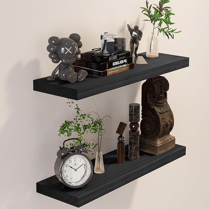 BGMG Wood Floating Shelves for Wall 24 inch,Black Floating Shelves,Solid Wood Wall Mount Shelves for Bathroom Living Room Bedroom Kitchen Farmhouse Set of 2-24x 6.7 x1.25 inch