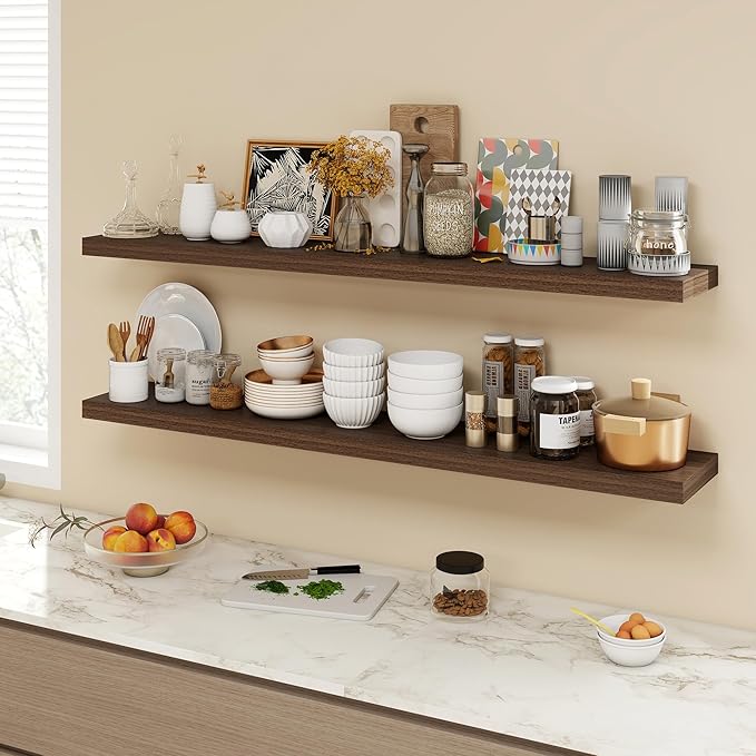 55 Inch Floating Shelves, 9.3" Deep Floating Shelf Wall Mounted, 56" Wall Shelves, Rustic Deep Bookshelf, Large Display Shelves & Storage Shelves for Bedroom, Living Room, Walnut, Set of 2