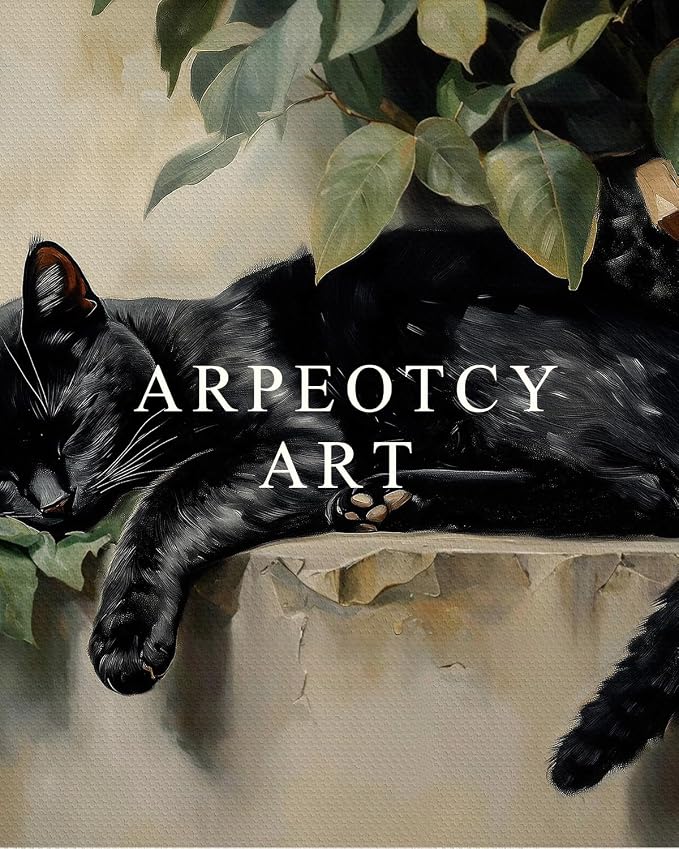 ARPEOTCY Vintage Framed Canvas Wall Art, Sleeping Black Cat Wall Decor, Cute Animal Prints Rustic Aesthetic Home Decor for Living room Bedroom Bathroom 8x10 inch