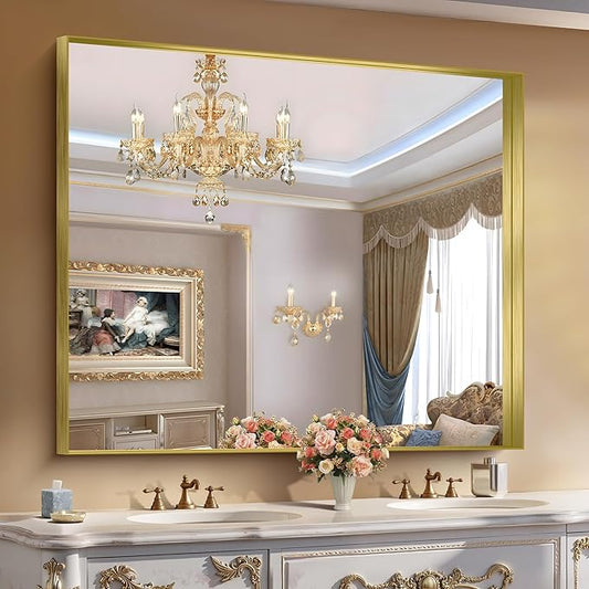 CIRCUMI Gold Bathroom Mirror, 40"x48" Rectangular Mirror with Deep Metal Frame, Brushed Finish, Tempered Glass, Large Mirror for Wall, Over 2 Sinks, Installed Vertically/Horizontally, Crystal-Clear