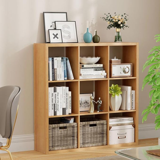 9-Cube Storage Organizer, Wooden Cube Shelf Bookcase with Reinforced Thick Shelves, Heavy-Duty 36.93" L x 9.37" W x 36.93" H, for Living Room Bedroom Home Office, Natural-Oak