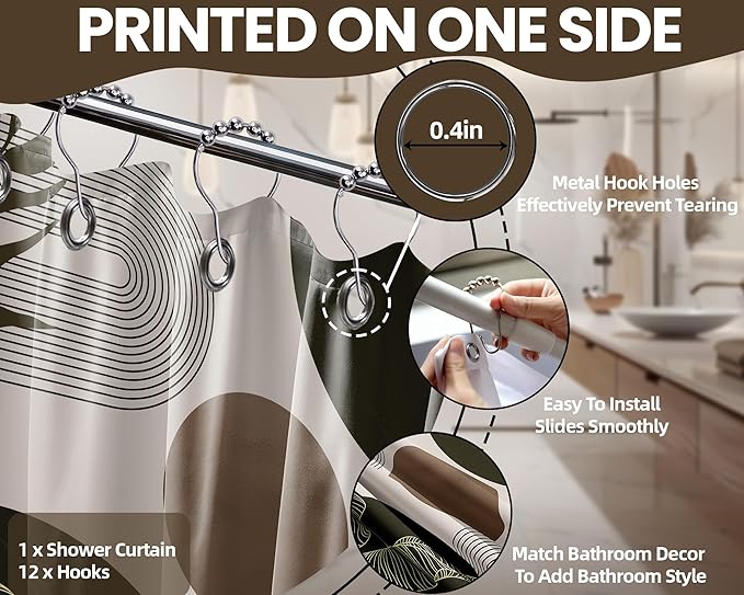 Brown and Beige Shower Curtain Light Brown Tan Taupe Boho Mid Century Modern Shower Curtains for Bathroom Decor MCM Mens Cool Bath Curtain Set, Waterproof Fabric with Hooks 60 x 72 Inch