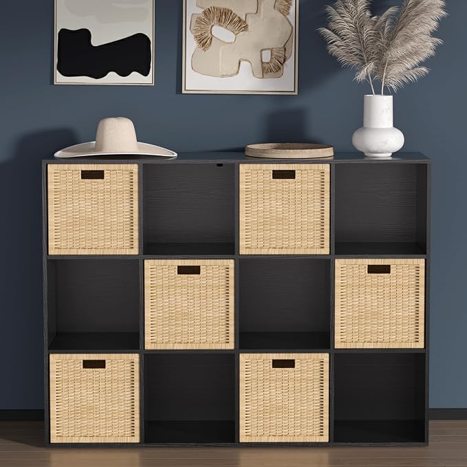 Wooden 12 Cube Storage Organizer with Closed Back Panel,Black Cube Shelf Cubby Storage Organizer with Compartments for Living,Bookshelf, Easy to Install (Black, 12-Cube-11in)