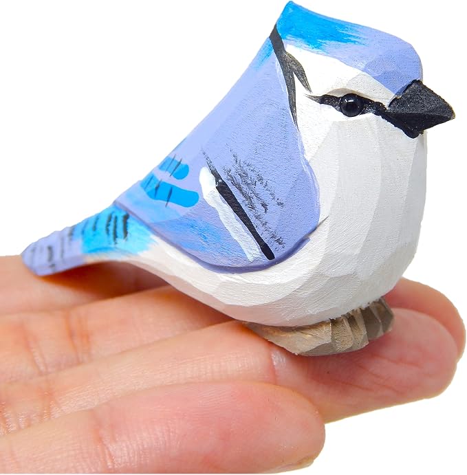 Selsela Hand-Carved Blue Jay Figurine - Miniature Wooden Crested Jaybird Statue, Sculpture Ornament Decor, Handmade Wildlife Sculpture, Rustic Home Decor & Collectible Ornament
