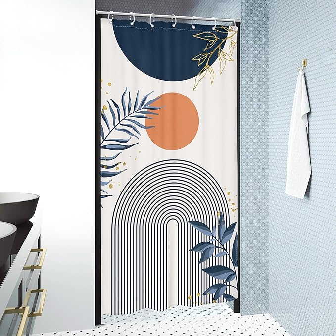 Small Stall Boho Shower Curtain 36Wx72H Navy Blue Modern Bohemian Mid Century Gold Leaves Orange Minimalist Geometric Bathroom Decor Half Narrow Bath Curtain Fabric Polyester 7 Pack Hooks