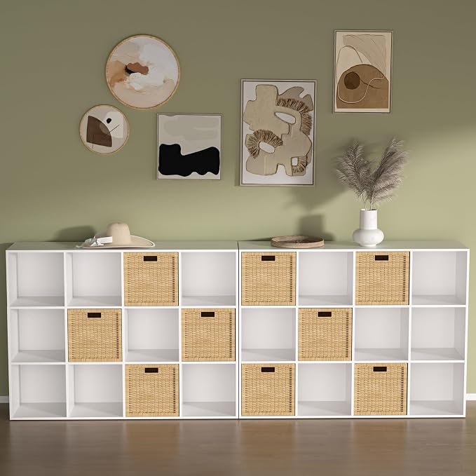 Wooden 12 Cube Storage Organizer with Closed Back Panel,White Cube Shelf Cubby Storage Organizer with Compartments for Living,Bookshelf, Easy to Install (White, 12-Cube-11in)