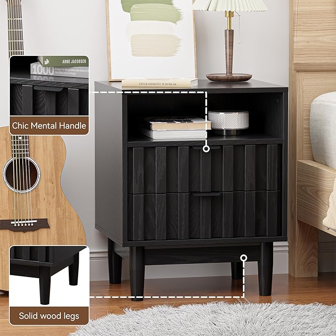 Fluted Nightstand Set of 2, 19" Wide Night Stand with Solid Wood Legs, Open Storage Shelf, Mid Century Modern Wooden Bedside Table for Bedroom, Bed End Side Table, Black